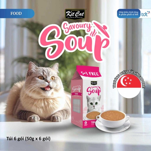 🔥 Súp Thưởng Cho Mèo Kit Cat Savoury Soup 50g Vị Cá Hồi – Bổ Sung Nước, Topping Cá Hồi Thật, Không Chất Bảo Quản