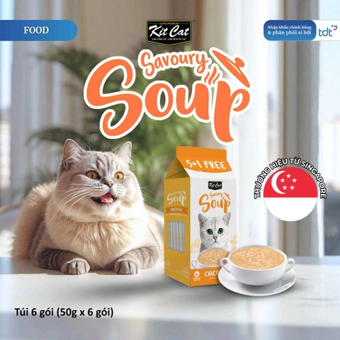🔥 Súp Thưởng Cho Mèo Kit Cat Savoury Soup 50g Vị Cá Hồi – Bổ Sung Nước, Topping Cá Hồi Thật, Không Chất Bảo Quản