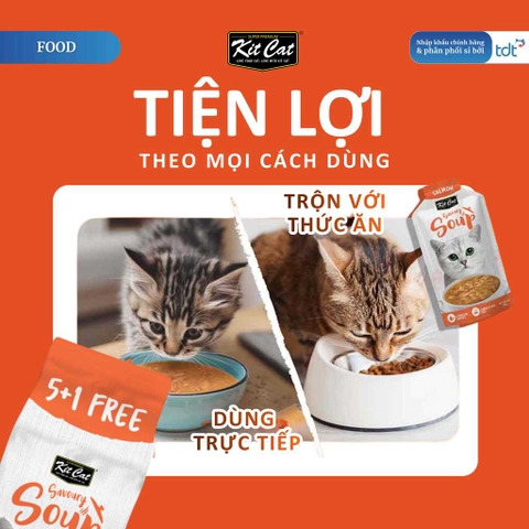 🔥 Súp Thưởng Cho Mèo Kit Cat Savoury Soup 50g Vị Cá Hồi – Bổ Sung Nước, Topping Cá Hồi Thật, Không Chất Bảo Quản