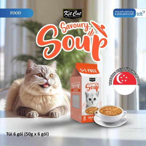 🔥 Súp Thưởng Cho Mèo Kit Cat Savoury Soup 50g Vị Cá Hồi – Bổ Sung Nước, Topping Cá Hồi Thật, Không Chất Bảo Quản
