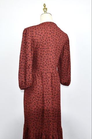 ZARA- Váy đỏ hoạ tiết hoa dáng xoè