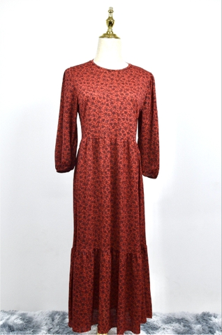 ZARA- Váy đỏ hoạ tiết hoa dáng xoè