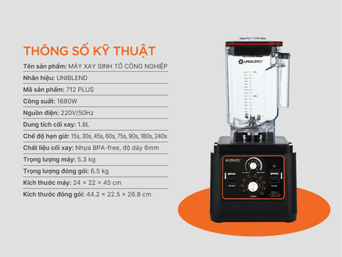 Máy xay sinh tố công nghiệp Uniblend UBS-712PLUS (model cũ: 712PLUS)