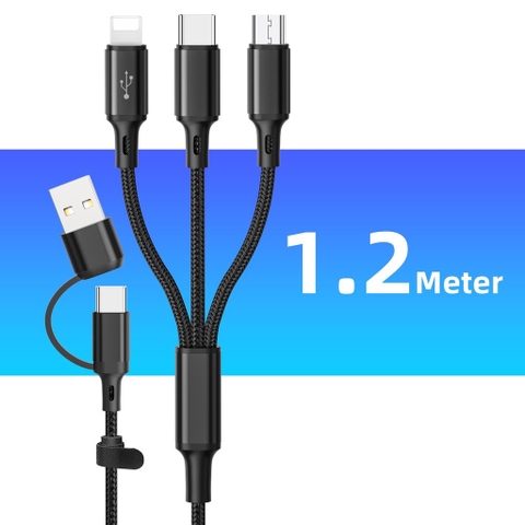 Dây Cáp Sạc 3in1 3A 1.2M Cổng USB Type C Sang Lightning + Type C + Micro USB Cho iP / Android Samsung