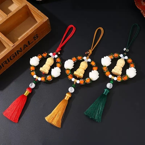 Khánh Treo Xe ô tô Phật Thích Ca Hoa Sen Gỗ Hoàng Dương Thơm Mix Vòng Tròn Ngọc