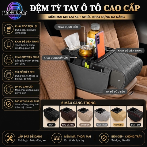 (KH) Tấm Đệm Da PU Lót Bệ Tỳ Tay Ô Tô 3in1 Có 2 Túi Để Đồ 2 Bên Đa Năng