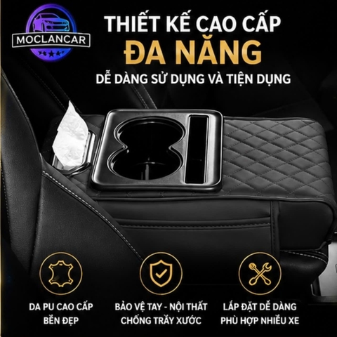 (KH) Tấm Đệm Da PU Lót Bệ Tỳ Tay Ô Tô 3in1 Có 2 Túi Để Đồ 2 Bên Đa Năng