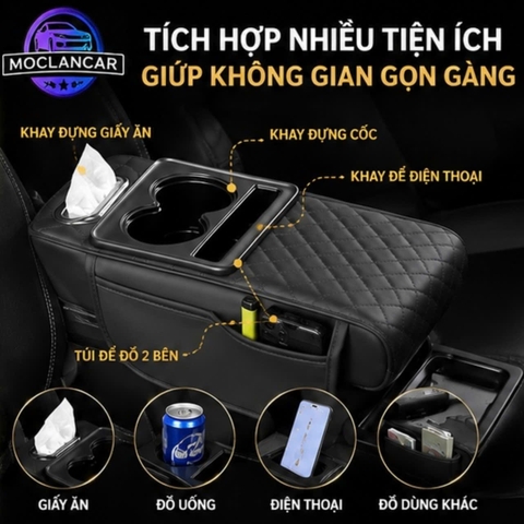 (KH) Tấm Đệm Da PU Lót Bệ Tỳ Tay Ô Tô 3in1 Có 2 Túi Để Đồ 2 Bên Đa Năng