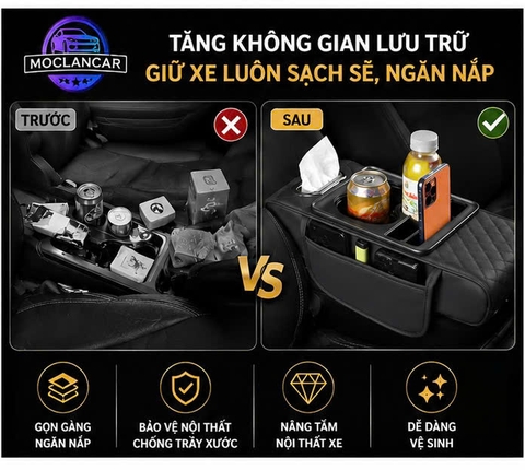 (KH) Tấm Đệm Da PU Lót Bệ Tỳ Tay Ô Tô 3in1 Có 2 Túi Để Đồ 2 Bên Đa Năng