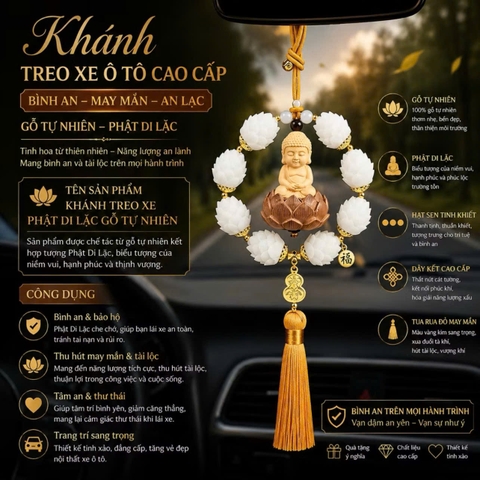 Khánh 8S bông liên hoa Phật Thích Ca gỗ hoàng dương trang trí xe ô tô, mang lại bình an may mắn