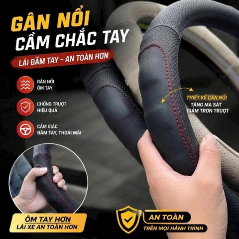 (KH) Bọc vô lăng da Pu đen chỉ đỏ lượn sóng M01
