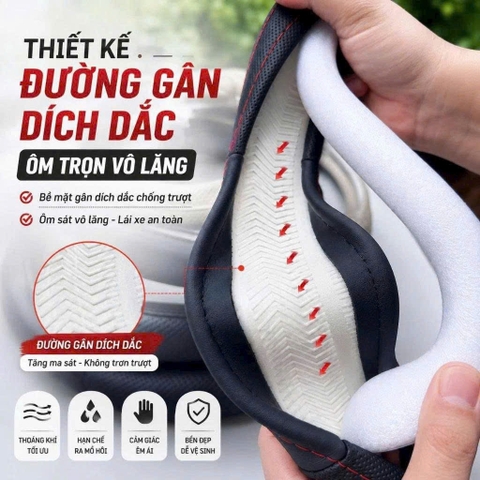 (KH) Bọc vô lăng da Pu đen chỉ đỏ lượn sóng M01