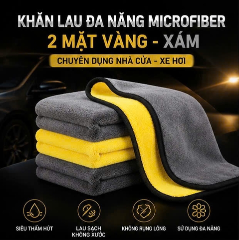 (KH) Khăn Lau Đa Năng Microfiber 2 Mặt Vàng - Xám Chuyên Dụng Nhà Cửa Xe Hơi