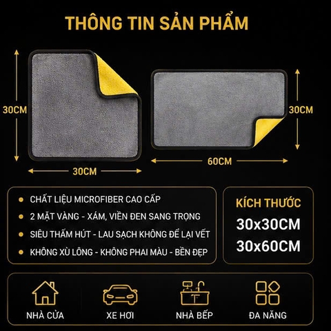 (KH) Khăn Lau Đa Năng Microfiber 2 Mặt Vàng - Xám Chuyên Dụng Nhà Cửa Xe Hơi