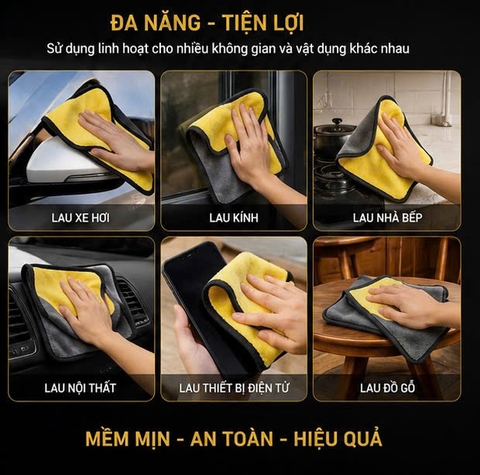 (KH) Khăn Lau Đa Năng Microfiber 2 Mặt Vàng - Xám Chuyên Dụng Nhà Cửa Xe Hơi