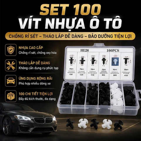 (KH) Set 100 đinh tán nhựa, ốc vít nhựa, chốt nở cho phụ tùng xe ô tô