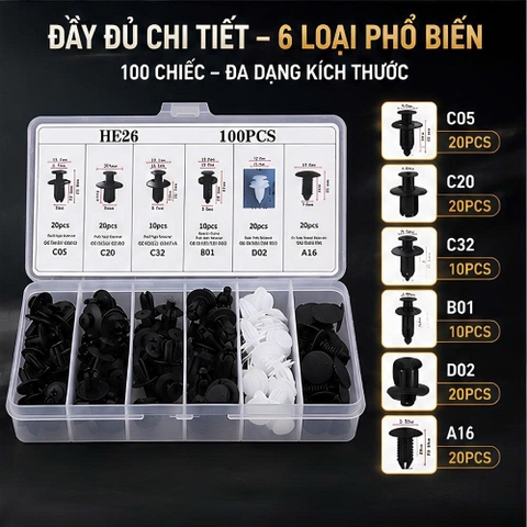 (KH) Set 100 đinh tán nhựa, ốc vít nhựa, chốt nở cho phụ tùng xe ô tô