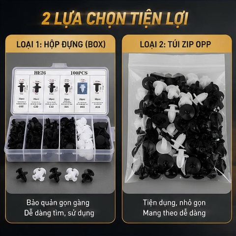 (KH) Set 100 đinh tán nhựa, ốc vít nhựa, chốt nở cho phụ tùng xe ô tô