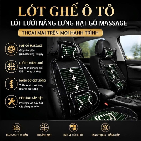 (KH) Lót ghế ô tô, Lót lưới nâng lưng hạt gỗ massage chống nóng tạo cảm giác thoải mái