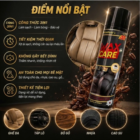 (4 Mùi) Xịt bóng đồ da ghế da nội thất đồ gỗ làm mềm dưỡng bóng WAX CARE 3T