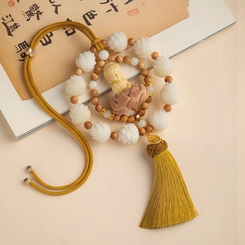 Khánh TC - 10S bông liên hoa và Phật Thích Ca gỗ Hoàng dương, khánh treo gương chiếu hậu oto, mang lại bình an may mắn