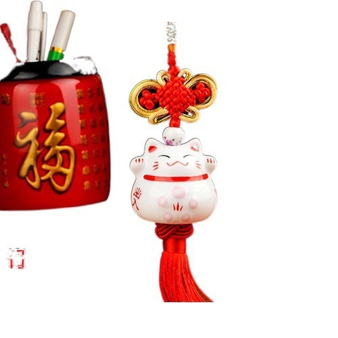 Khánh mèo sứ thần tài mix vòng hạt treo phong thủy