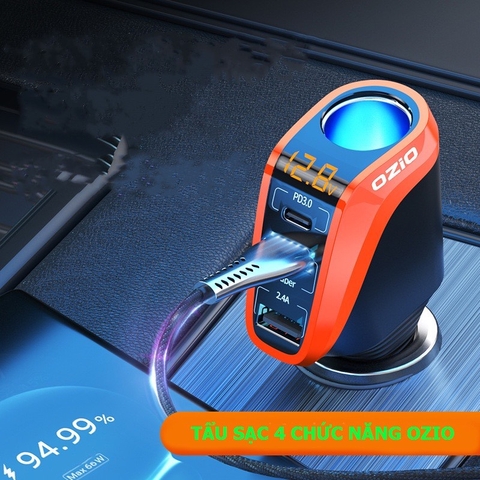 Tẩu Sạc Ô Tô OZIO 66W 3 Cổng PD Siêu Nhanh Có Đồng Hồ LED Báo Điện Áp Acquy, Chống Cháy Nổ Bảo Vệ Thiết Bị