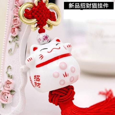 Khánh mèo sứ thần tài mix vòng hạt treo phong thủy