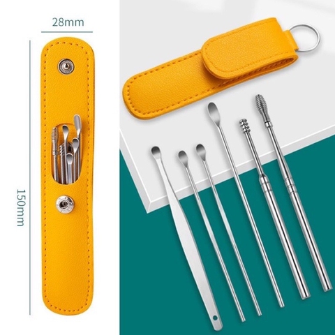 Bộ Dụng Cụ Lấy Ráy Tai 6 Món Vỏ Da Tiện Lợi Làm Bằng Thép Không Gỉ. Chăm Sóc Tai Chuyên Nghiệp