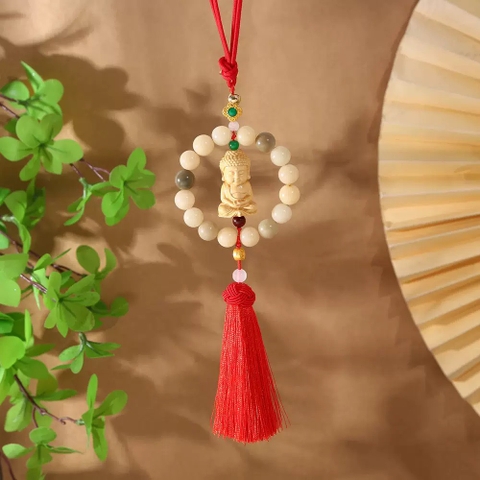 Khánh Treo Xe ô tô Phật Thích Ca Hoa Sen Gỗ Hoàng Dương Thơm Mix Vòng Tròn Ngọc