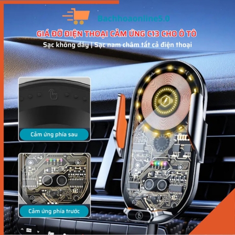 Giá Đỡ Điện Thoại Cho Ô Tô C13 Trong Suốt Sạc Không Dây & Sạc Nam Châm Cảm Ứng Đống Mở Tự Động Có Đèn LED