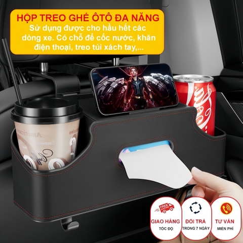 HSG03 Hộp Đựng Đồ Treo Ghế Ô Tô Da PU Đa Năng Có Khay Để Cốc, Giá Để Điện Thoại, Hộp Đựng Giấy, Móc Treo Đồ