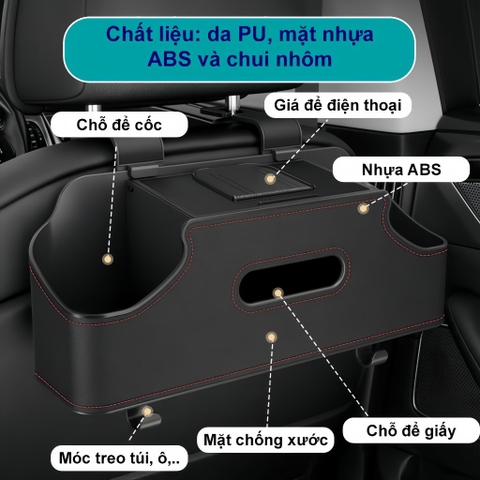 HSG03 Hộp Đựng Đồ Treo Ghế Ô Tô Da PU Đa Năng Có Khay Để Cốc, Giá Để Điện Thoại, Hộp Đựng Giấy, Móc Treo Đồ