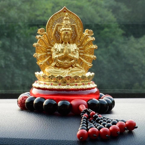 (Mẫu Cao Cấp) Tượng Phật Quan Âm Mạ Vàng Nguyên Khối Đính Đá 2 mặt tặng kèm nước hoa