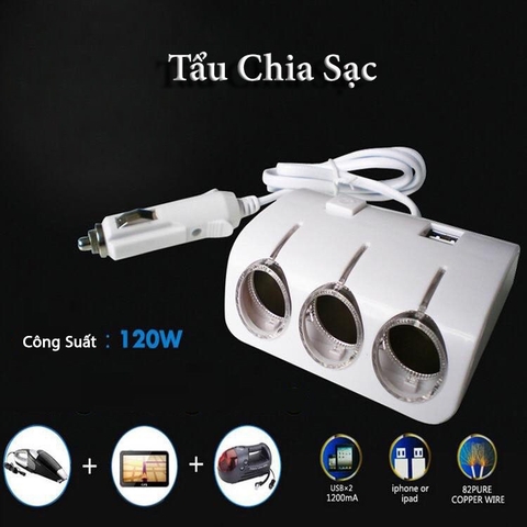 Tẩu chia sạc ô tô,Tẩu chia nguồn 3 ổ và 2 USB hàng cao cấp Olesoon có cầu chì bảo vệ điện an toàn phù hợp 12/24V