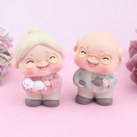 Tượng Cặp Đôi Ông Bà Già Hạnh Phúc trang trí bánh kem, phụ kiện bánh sinh nhật, phụ kiện trang trí