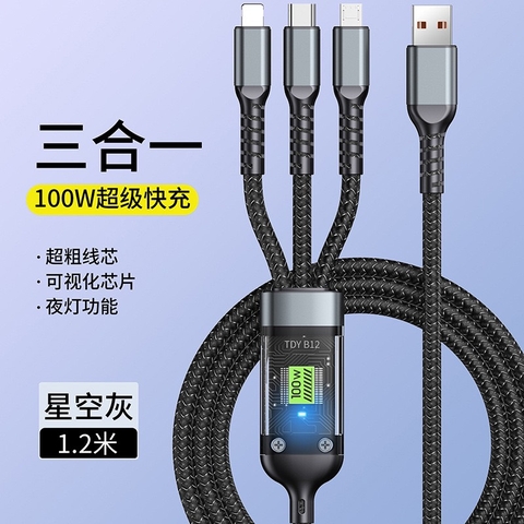 Cáp sạc 3 đầu J99 100W bọc dù chân sạc mạ thiếc, có màn led hiển thị, chip thông minh kiểm soát và điều chỉnh dòng điện dài 1.2 mét