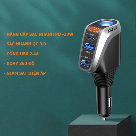 Tẩu Sạc Ô Tô OZIO 66W 3 Cổng PD Siêu Nhanh Có Đồng Hồ LED Báo Điện Áp Acquy, Chống Cháy Nổ Bảo Vệ Thiết Bị