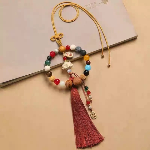 Khánh Treo Xe ô tô Phật Thích Ca Hoa Sen Gỗ Hoàng Dương Thơm Mix Vòng Tròn Ngọc