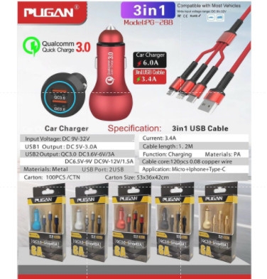 (QC3.0) Tẩu sạc Pugan 6A sạc cực nhanh cực đỉnh từ 9V-32V kèm dây cáp 3 đầu