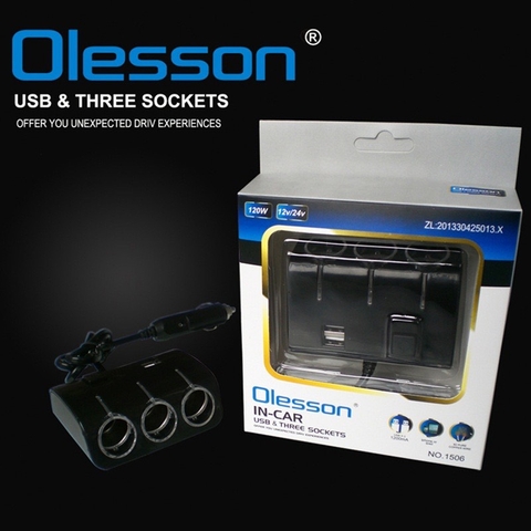 Tẩu chia sạc ô tô,Tẩu chia nguồn 3 ổ và 2 USB hàng cao cấp Olesoon có cầu chì bảo vệ điện an toàn phù hợp 12/24V