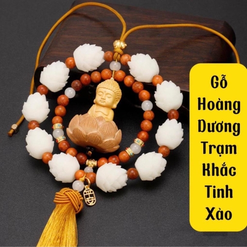 Khánh TC - 10S bông liên hoa và Phật Thích Ca gỗ Hoàng dương, khánh treo gương chiếu hậu oto, mang lại bình an may mắn