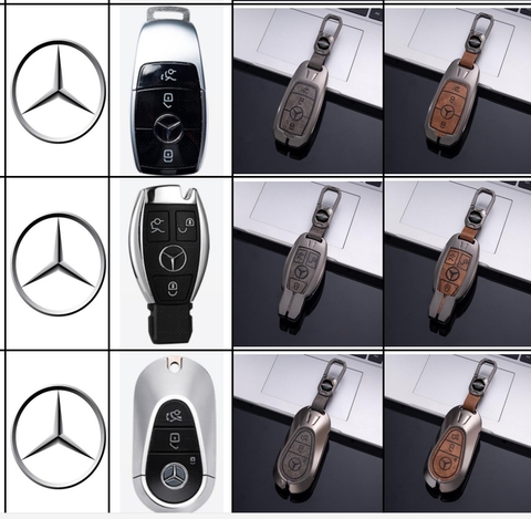 Bộ ốp kim loại lưng da lộn dập chìm logo + móc khoá MERCEDES