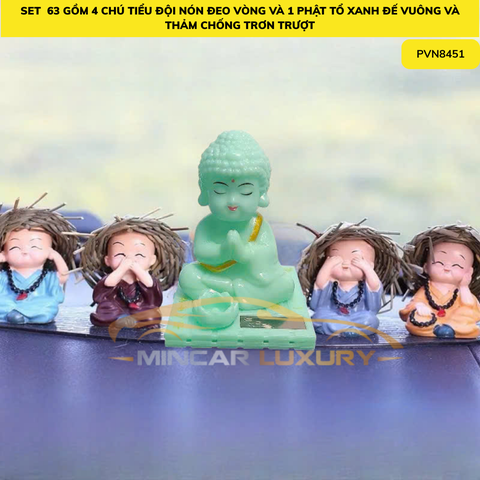 ( Set 63)combo 4 chú tiểu đội nón đeo vòng+ phật tổ xanh đế vuông + oval