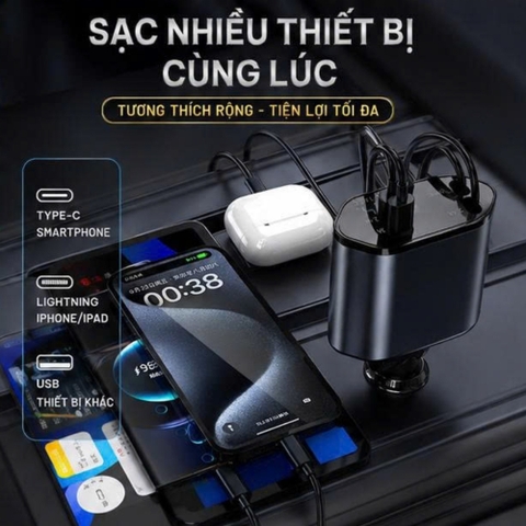 (KH) Tẩu Sạc Nhanh Ô Tô 120W 4in1 Bộ Sạc xe hơi USB Type-C cho Samsung Iphone Huawei Đo Điện Áp