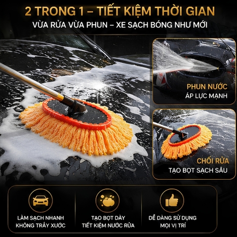 (KH) Dụng cụ chổi rửa xe 2 trong 1 kèm vòi nước đa năng tiện lợi hàng tốt tạo bọt
