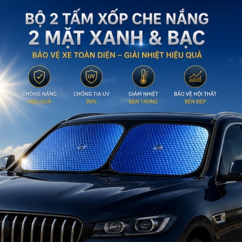 Bộ 2 tấm xốp xe nắng 2 mặt xanh và bạc 36x40cm ( đi kèm chân hít)