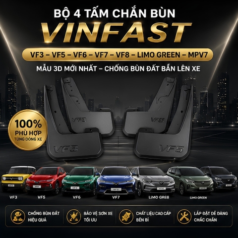(KH) Bộ 4 Tấm Chắn bùn ô tô Vinfast VF3, F5,VF6, VF7, VF8 hạn chế bùn đất bắn lên xe MẪU 3D Mới nhất đầy đủ phụ kiện