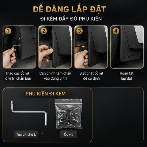 (KH) Bộ 4 Tấm Chắn bùn ô tô Vinfast VF3, F5,VF6, VF7, VF8 hạn chế bùn đất bắn lên xe MẪU 3D Mới nhất đầy đủ phụ kiện