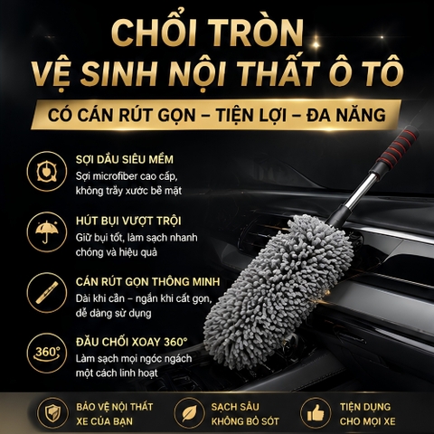 (KH) Chổi tròn vệ sinh nội thất ô tô có cán rút gọn